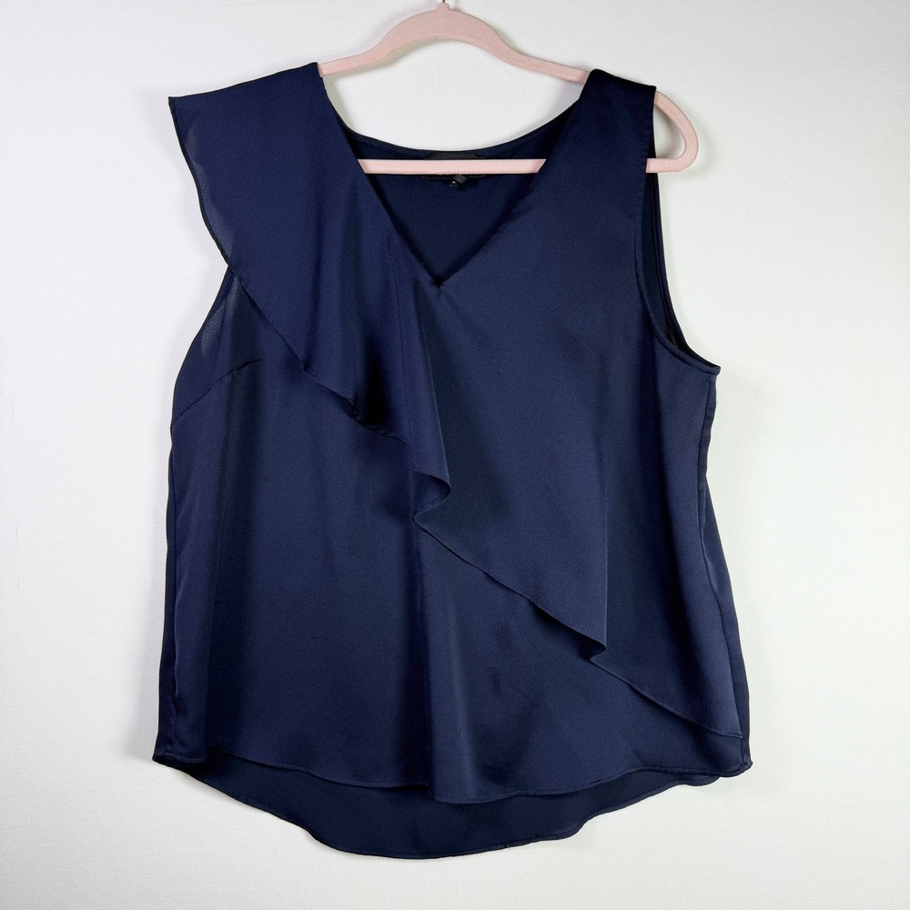 DKNY Navy Blue Asymmetrical Ruffle V-Neck Sleeveless Blouse XL
